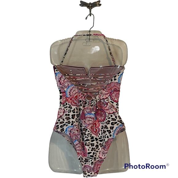 Nanette Lepore Pink Leopard and Paisley Print One Piece Bathing Suit Size 8 NWT - Picture 2 of 8